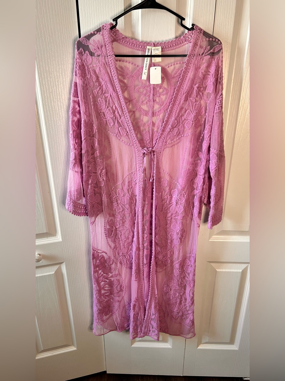 Forgotten Grace Women’s XL Sheer Lace Lavender Pink Tie-Front Kimono NWT Boho